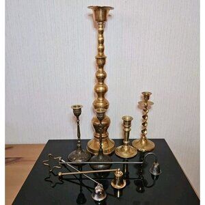 Vtg Brass Candlestick Alter Candle Holders Snuffer Mixed Lot of 8 Wedding Patina